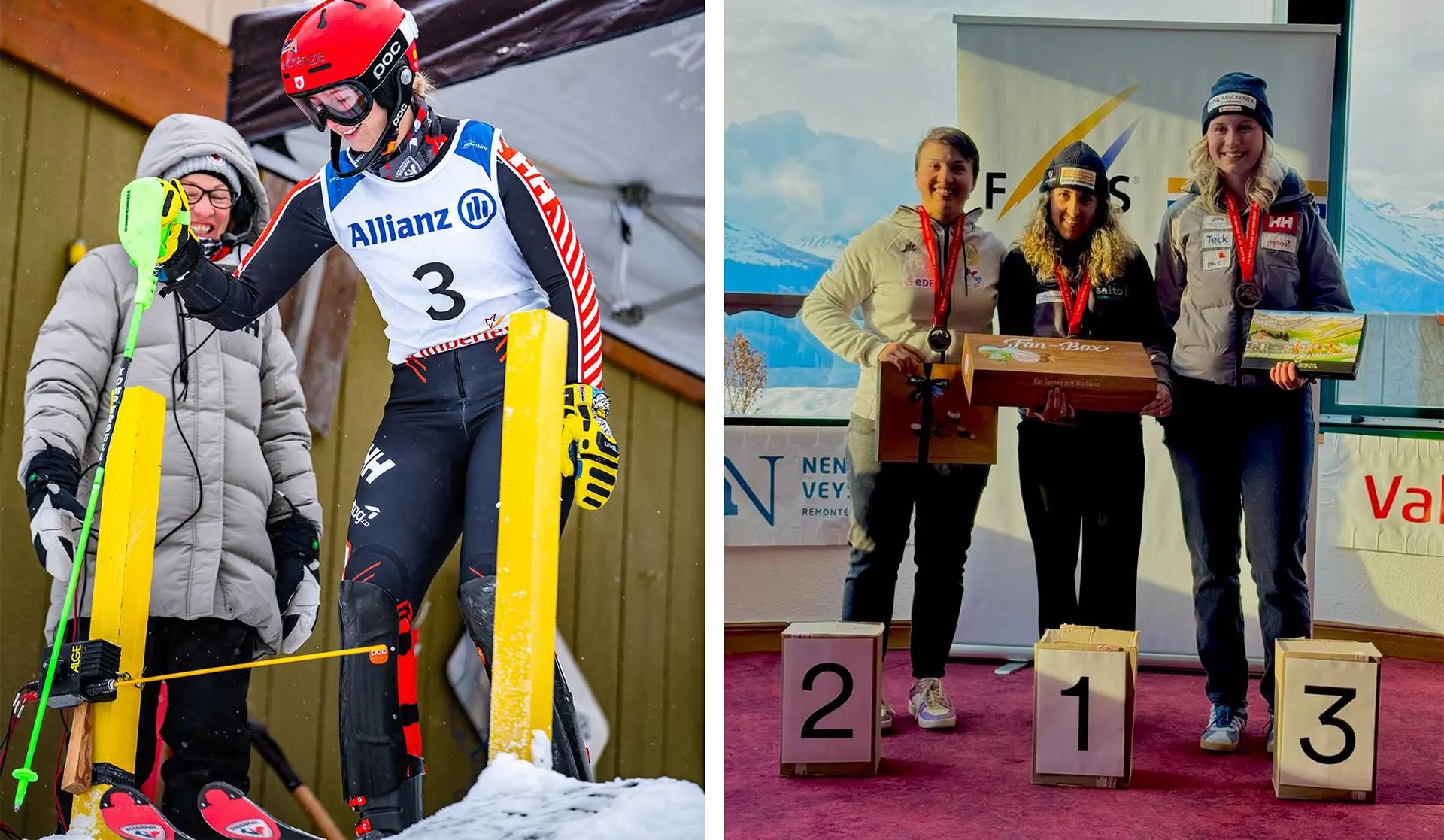 Dual image, on the left shows Michaela Gosselin preparing to start her race. On the right we see her on the podium smiling with the other winners.